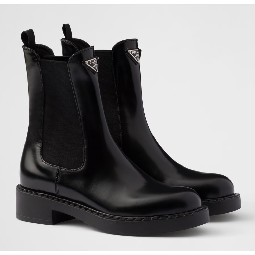 Prada Chocolate Brushed Leather Black Pull On Chelsea Ankle Mid Calf Boot 37.5